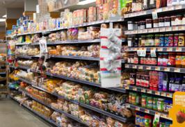 The bread aisle with jams, spreads, and peanut butter