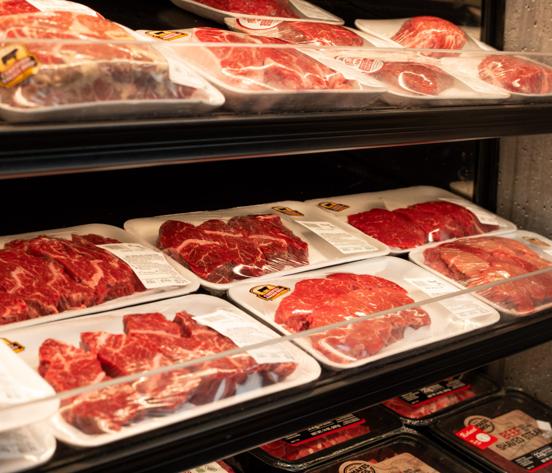 The full-service meat case stocked with fresh cuts