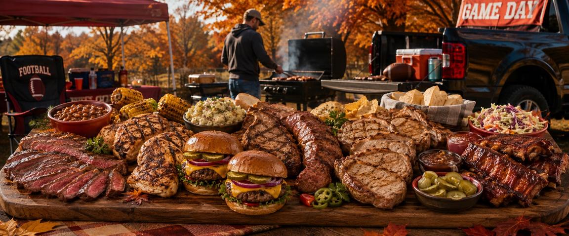 A tailgate spread of grilled steaks, pork chops, burgers, ribs and sides on a wooden board, with a grill and fall trees behind